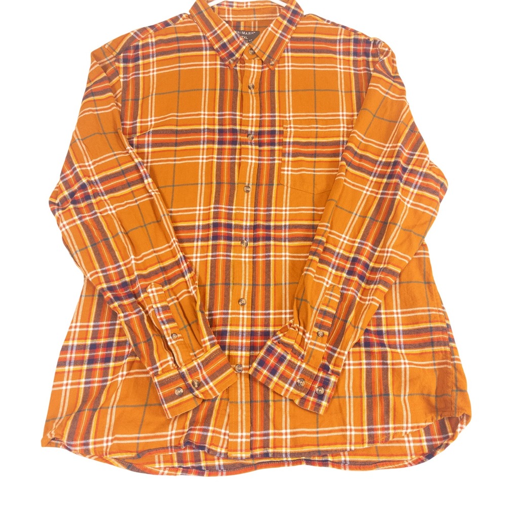 Primark Mens 2XL Regular Fit Orange Plaid Flannel Button Down Shirt 100% Cotton